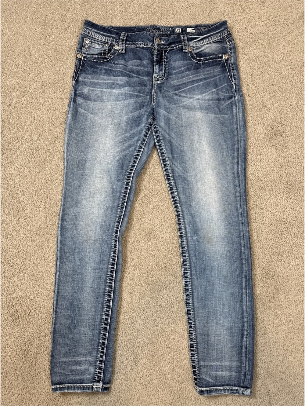 Miss Me Mid Rise Skinny Jeans Womens 31 x 31 Blue Denim Wings Bling Pockets